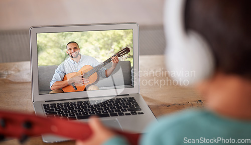 Image of Learning guitar, video call and instructor teaching a girl an instrument, live streaming class and communication on virtual broadcast on internet. Student musician learning to play with tutor on web