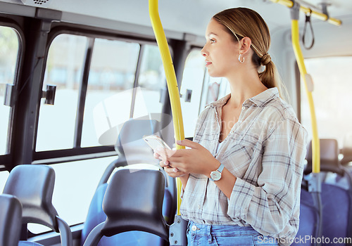 Image of Woman, bus travel and phone on public transportation while thinking and using social media or internet app for information about city traveling. Female passenger with 5g network cellphone in town