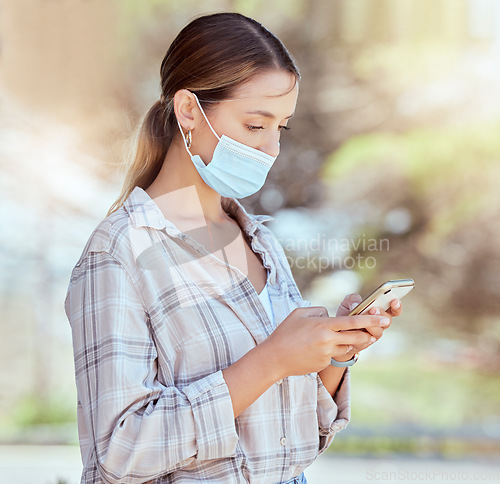 Image of Covid, mask and social media woman on smartphone to relax and rest on commute with 5g connection. Mobile communication on internet app with woman reading pandemic news with face protection.