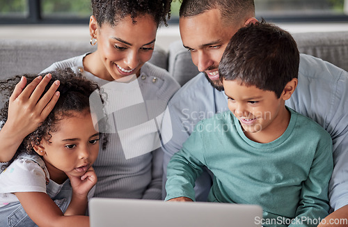 Image of Mother, father and children bond with laptop for movie streaming, video call or internet search on house or home living room sofa. Smile, happy and relax man, woman or parents with kids or technology