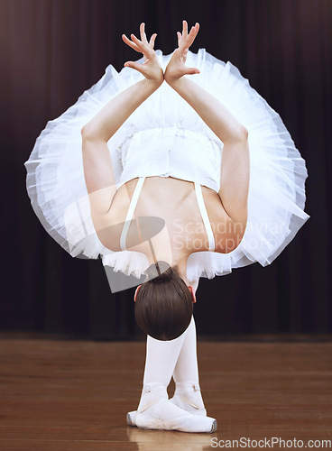 Image of Ballet, training and art performance with ballerina express freedom with classic, elegant move in a dance studio. Free woman practice a routine, flexible with high energy and perfect dancing posture