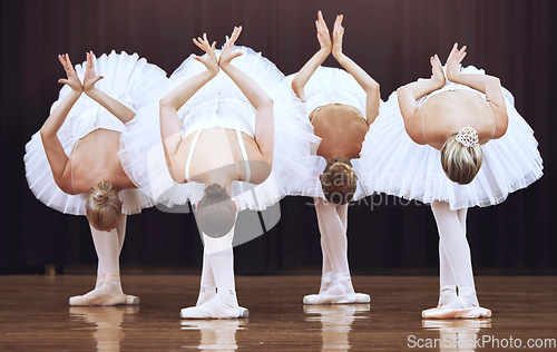 Image of Ballet ballerina women teamwork on dancing stage together for collaboration, elegant and theatre creativity performance. Professional group of dance studio academy people on creative art concert show