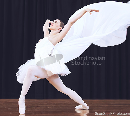 Image of Ballet dance, stage performance and woman in theatre production, start of professional dancing competition and moving with costume. Ballerina dancer student with balance in concert at school