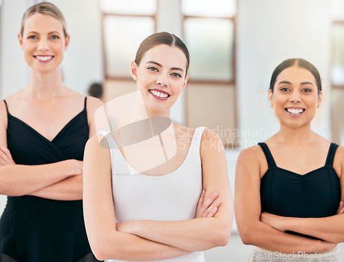 Image of Portrait, happy and ballet teacher with students in a classical arts school after training, practice and class. Smile, women and fit talent coach proud of girls dance commitment, dancers and dancing