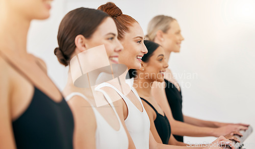 Image of Ballet women training in class, studio or academy for diversity, motivation and group teamwork, happy with progress. International girl dancer smile in ballroom collaboration with mentor leader trust