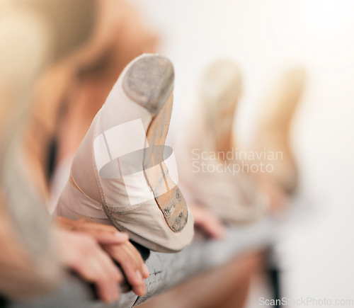 Image of Ballet women feet and shoes at dance practice, training and working on dancing routine for performance art recital. Legs and hands of dancer or prima ballerina girl stretching before start of workout