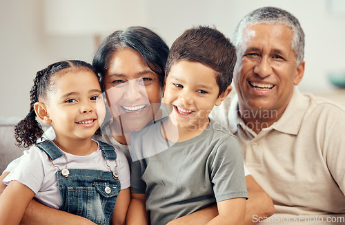 Image of Grandparents portrait, love hug and children with smile for relax on living room sofa, happy in lounge together and family on couch in house. Elderly grandmother and man care for kids in apartment