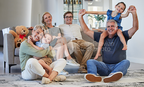 Image of Happy, family and smile for love, care and playful happiness together in the living room at home. Portrait of people in joyful generations smiling and bonding fun with children and grandparents