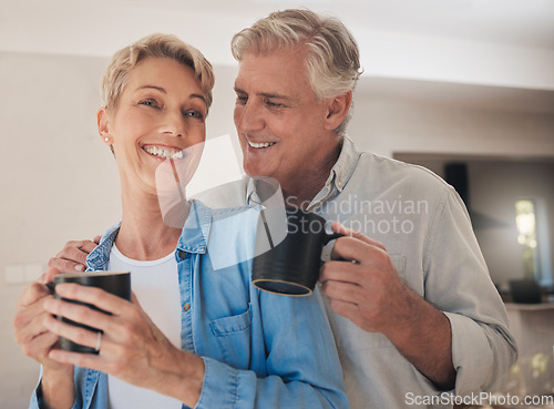 Image of Coffee, love and old couple smile in home drinking beverage, caffeine or cappuccino. Relax, retirement and tea with elderly, happy married man and woman together care, affection and support in house.