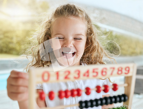 Image of Learning math, abacus smile and girl studying with tool for help, easy education at school and excited in classroom at kindergarten. Happy, funny and comic student counting with equipment in home