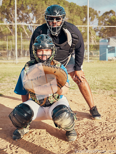 Image of Baseball, sport and training with a sports man or catcher on a field for fitness and exercise outdoor during summer. Workout, health and focus with a male player ready to catch during a game or match