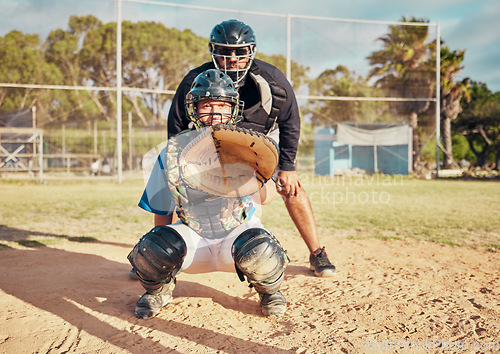 Image of Baseball, sport and training with a sports man or catcher on a field for a competitive game or match outside. Exercise, fitness and workout with a male athlete in uniform for health and competition