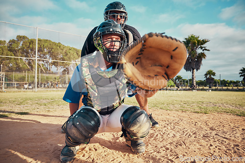 Image of Baseball, sport and team person fielder on a outdoor sports field during a exercise game or match. Fitness, training and cardio workout of a athlete man with focus ready to catch a fast ball