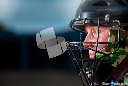 Image of Sports athlete with face helmet, fitness professional gear and man training for winter game. Competition equipment closeup, power player with action wire mask on dark background and strong protection