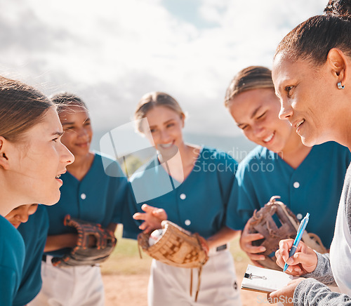 Image of Coach gives strategy to baseball women team, to give them success and secure victory. Female leader talking to inspire motivation, teamwork and collaboration for softball sport athletes to win a game