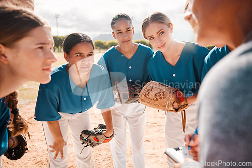 Image of Baseball, team and coach in conversation, talking and speaking about game strategy for a game. Teamwork, collaboration and coaching with women or teens listen to group leader during sport discussion