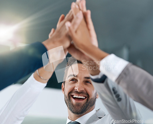 Image of Happy man, goals or hands of business people high five in celebration of success, target or teamwork. Partnership, smile or excited workers in office for motivation, solidarity or winning a deal