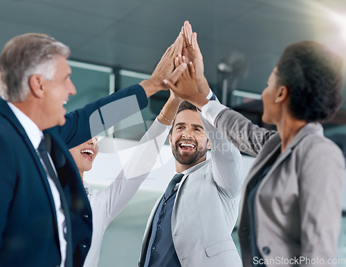 Image of Group, success or happy business people high five in celebration of goals, target or teamwork. Partnership mission, smile or excited workers in office for motivation, solidarity or winning a deal