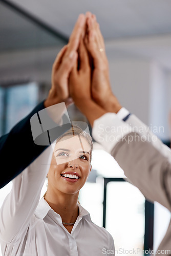 Image of Happy woman, teamwork or hands of business people high five in celebration of goals, mission or success. Partnership, smile or excited workers in office for motivation, solidarity or winning a deal