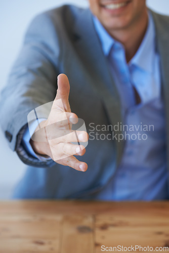 Image of Business person, shaking hands offer and meeting in job interview, corporate agreement and hiring or recruitment. Professional client or employer handshake for introduction, hello or negotiation deal