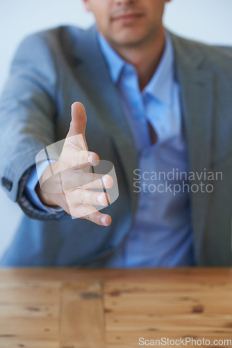 Image of Business man, handshake offer and meeting in job interview, corporate agreement and hiring or recruitment. Professional client or employer shaking hands in POV introduction, hello or negotiation deal