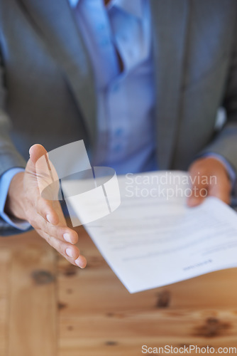 Image of Business person, handshake offer and document for job interview, corporate meeting and hiring or recruitment. Professional manager, employer shaking hands or POV introduction with resume, CV or paper