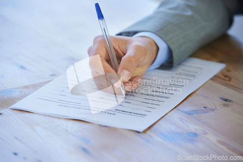 Image of Closeup, writing and business with man, document and insurance with signature, contract and sign application. Person, employee or worker with pc, hands and checklist with compliance, policy or agent