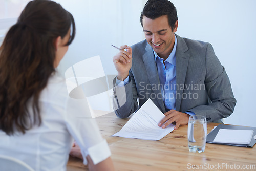 Image of Business people, job interview and documents for Human Resources meeting, career onboarding and hiring. Woman, client or recruitment manager reading a resume, CV and employee contract or paperwork