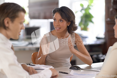 Image of Business people meeting, discussion and woman explain attorney legal plan, problem solving or law firm strategy negotiation. Lawyer, group conversation or professional team planning advocate solution