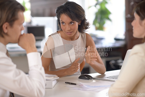 Image of Business people meeting, conversation and woman explain legal consultation plan, project management or law firm negotiation. Lawyer, group cooperation and government staff planning advocate solution