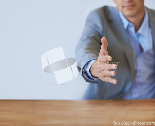 Image of Business man, offer and shaking hands in job interview, corporate meeting or hiring agreement for recruitment. Professional client or employer handshake for introduction on a wall or white background