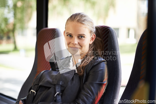 Image of Student, portrait and transport to school on bus with a backpack and smile for education. Teenager, girl and happy journey on public transportation or travel to college, campus and university