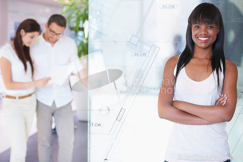 Image of Smile, crossed arms and portrait of woman with team in the office with internship confidence. Happy, creative career and professional young African female designer with employees in architecture firm