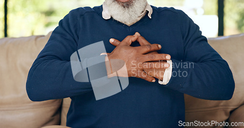 Image of Hands, senior man and heart attack with pain, cardiovascular healthcare and risk of hypertension at home. Closeup, elderly injury and heartburn in chest, indigestion and medical emergency for stroke