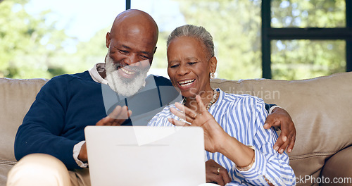 Image of Happy senior couple, video call and laptop in home for voip communication, social network or chat. African man, woman and wave hello on computer in virtual conversation, contact or talk in retirement