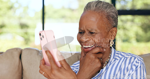 Image of Home, smile and senior woman with smartphone, contact and happiness with post, relax and video call. Apartment, elderly person and pensioner on a sofa, cellphone and internet with connection or app