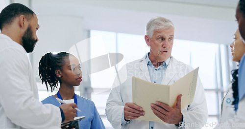 Image of Medical, team and documents for meeting in hospital with collaboration, discussion and patient report. Healthcare, doctor and nurse in clinic with paperwork, teamwork and communication for planning