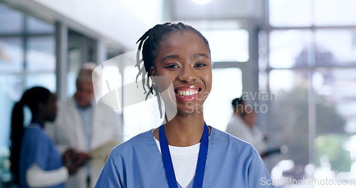Image of Woman, doctor and happy portrait for healthcare, hospital or clinic services, confidence and health experience. Professional medical worker, nurse or face of African person smile for ADN internship