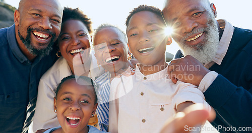 Image of Happy family, generations or nature in selfie on summer vacation, adventure or memory together with love. Black people, portrait and smile on face, calm relax and peace wellness to bond on holiday