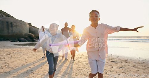 Image of Children, sand or beach with toy airplane for love, happy or summer vacation to play wellness. Black family, smile or siblings to fly plane game at sea, travel or cape town freedom by horizon