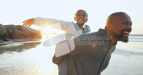 Image of Father, beach and piggyback with girl, happy and smile for joy, sunset and playful. Parent, child and fun with dad, freedom or joy for childhood, carefree or weekend for laugh, enjoy and love