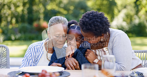 Image of Grandmother, mother and daughter for hug in garden, smile and lunch for relax together with love. Black people, women and child as happy family, gratitude and care bonding for brunch table in park