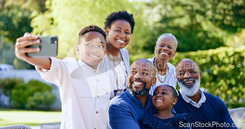 Image of Happy family, selfie or generations with love in nature, summer vacation or together for smartphone memory. Black people, grandparents or kids in smile, face or garden wellness to relax bond in park