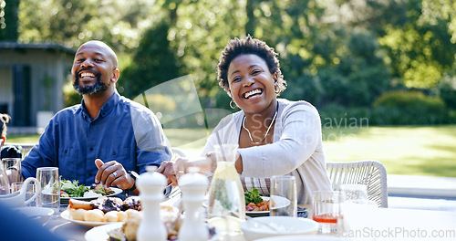 Image of Happy couple, portrait and garden lunch by table for summer vacation, reunion and together with love for care. Black people, man and woman at gratitude brunch with bonding, drinks with cuisine