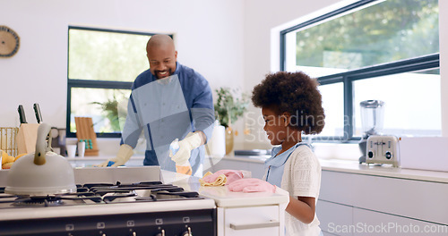 Image of Father, girl and cleaning with gloves in kitchen for bonding, happiness and teaching in home or house. Black family, man and daughter with cloth, liquid detergent and table with smile, care and ppe