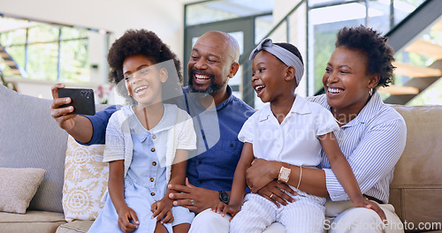 Image of Selfie, happy family and children with smile in living room profile picture, social media or post. Black man, woman and girl with excitement for childhood memory, bonding and together on sofa in home