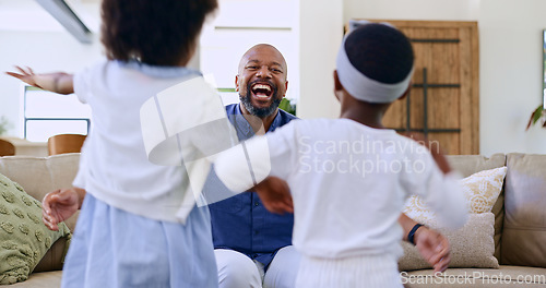Image of Running, children and father on a sofa with hug, happy and playing in their home together. Kids, energy and excited black family in living room embrace, security and support, games or bonding love