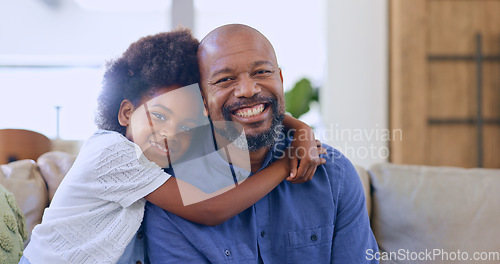 Image of Black family, hug or portrait of father with child in home to relax on holiday vacation with smile. Support, proud parent or African dad bonding with girl, love or happy kid in living room on sofa