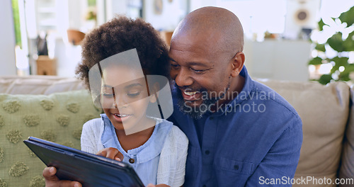 Image of Dad, daughter and tablet with smile on sofa for games, streaming or elearning in living room of home. Black family, man and girl child with touchscreen, happiness or technology for watching movie