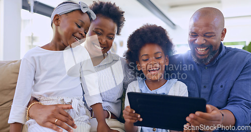 Image of Black family, parents and kids with tablet or laughing on sofa for games, streaming or comedy in living room of home. People, man and women with touchscreen, happy or technology for watching movie